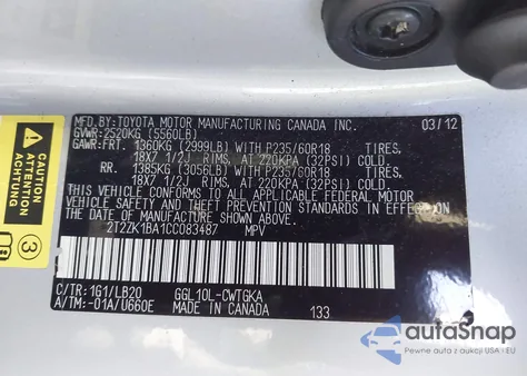 2012 Lexus Rx 350 из США, поврежденный, VIN 2T2ZK1BA1CC083487